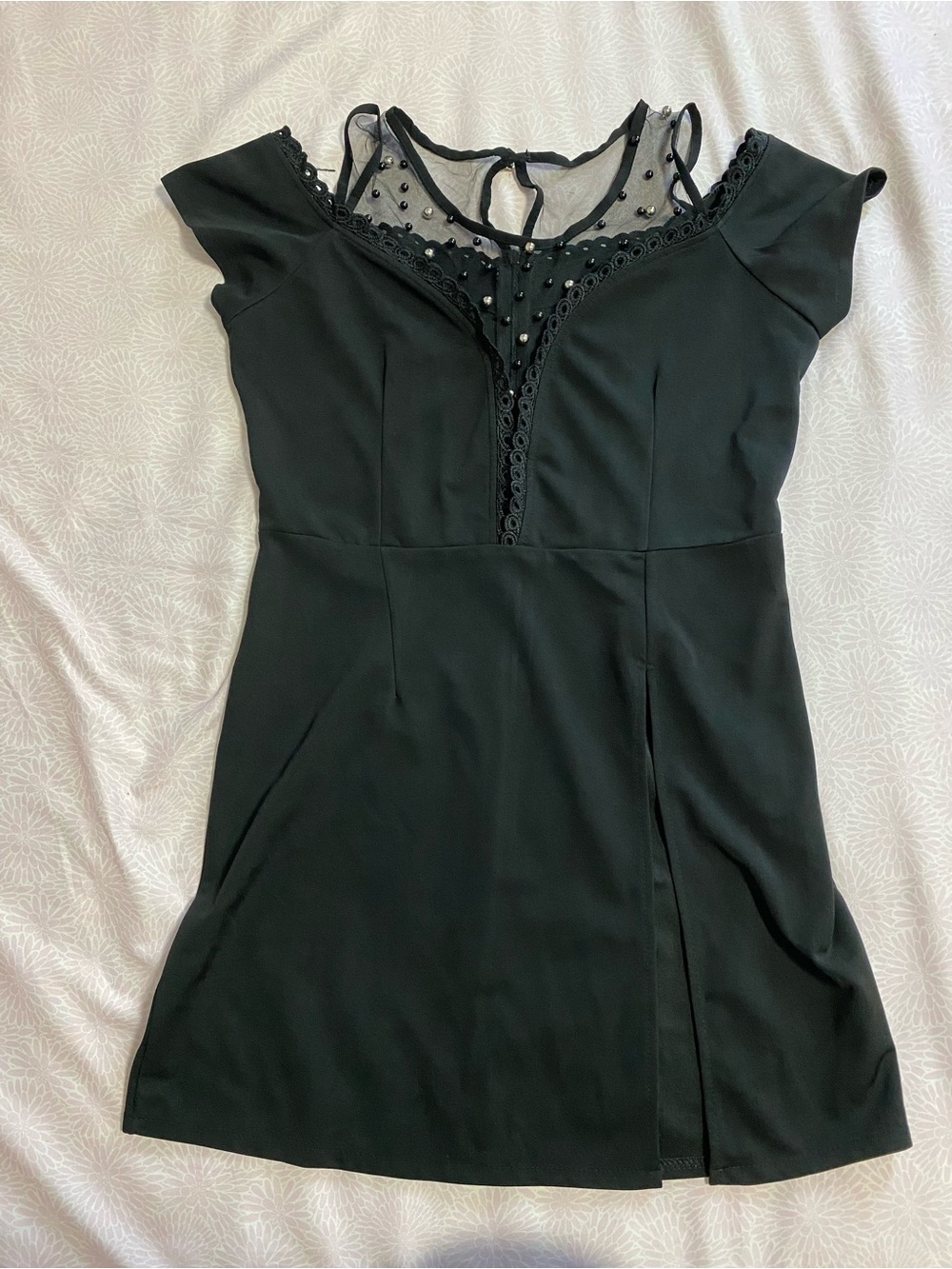 Elegant Black Mini Dress with Beaded Sheer Yoke